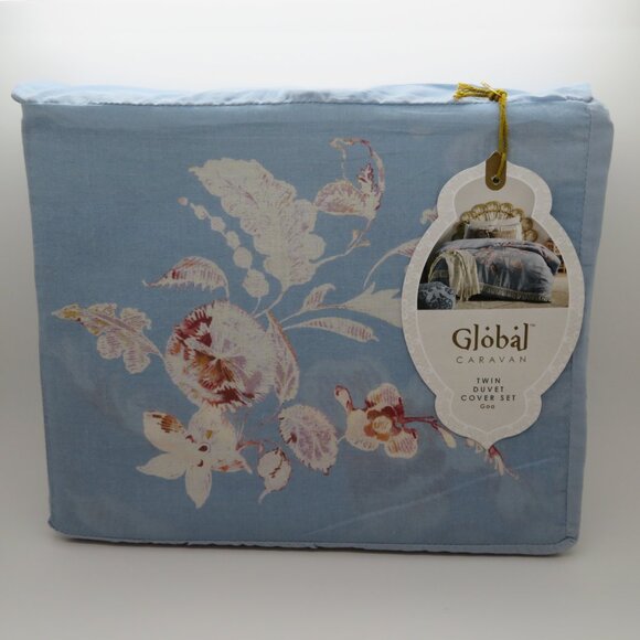 Twin Duvet Global Caravan Standard Sham Blue Floral Casual Cover 2 Piece Set Goa - Picture 1 of 12